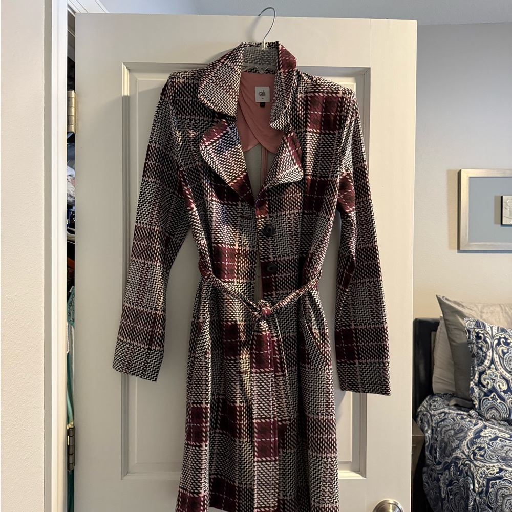 CAbi Burgundy and Black Plaid Trench Coat